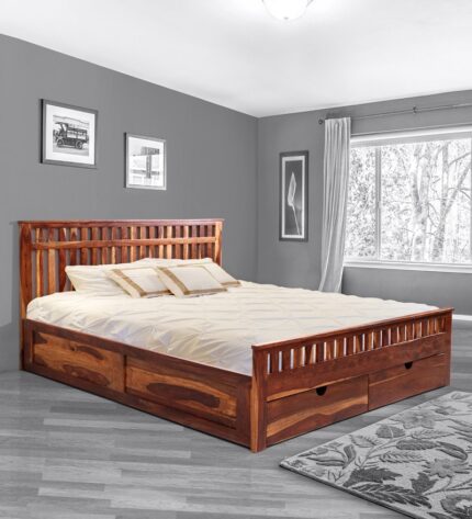 Beatrice King Size Bed with Drawer Storage in Honey Finish