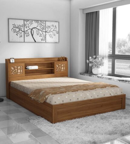 Kosmo Rayan King Size Bed With Box Storage in Natural Teak Finish